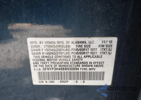 2011 Honda Pilot Ex from USA, damaged, VIN 5FNYF3H48BB030894